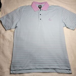 Footjoy Polo Shirt Mens Large Pink Blue Stripe Print Logo Golf Pink Collar